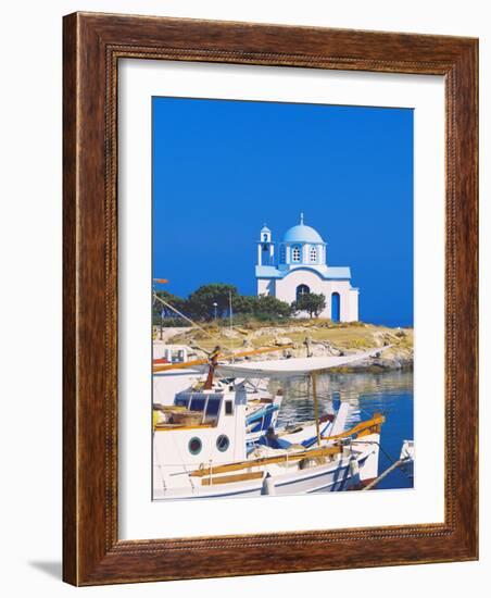 Fishing Boats with a Chapel in Background, Chios Island, Greek Islands, Greece, Europe-Sakis Papadopoulos-Framed Photographic Print