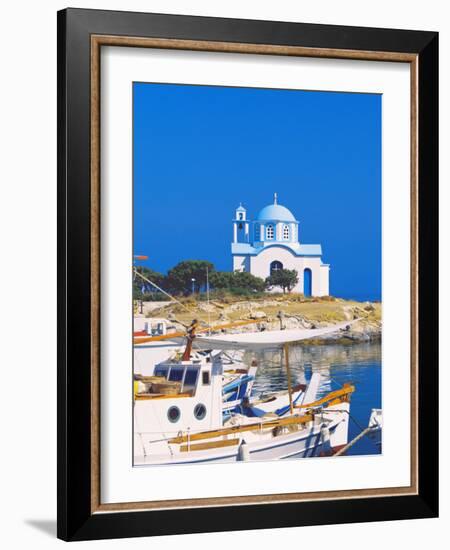 Fishing Boats with a Chapel in Background, Chios Island, Greek Islands, Greece, Europe-Sakis Papadopoulos-Framed Photographic Print