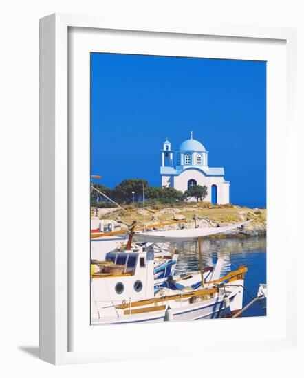 Fishing Boats with a Chapel in Background, Chios Island, Greek Islands, Greece, Europe-Sakis Papadopoulos-Framed Photographic Print