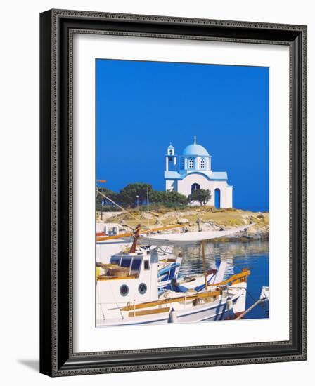 Fishing Boats with a Chapel in Background, Chios Island, Greek Islands, Greece, Europe-Sakis Papadopoulos-Framed Photographic Print