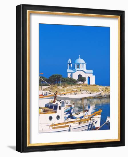 Fishing Boats with a Chapel in Background, Chios Island, Greek Islands, Greece, Europe-Sakis Papadopoulos-Framed Photographic Print