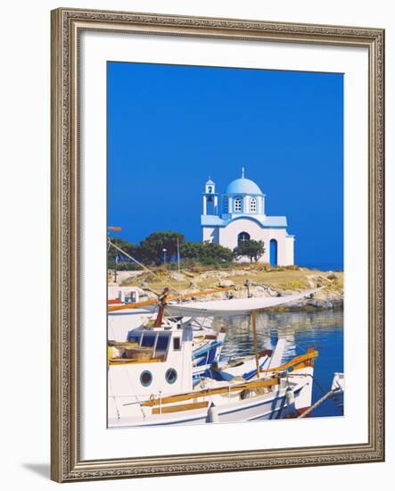 Fishing Boats with a Chapel in Background, Chios Island, Greek Islands, Greece, Europe-Sakis Papadopoulos-Framed Photographic Print