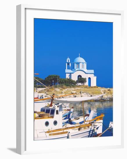 Fishing Boats with a Chapel in Background, Chios Island, Greek Islands, Greece, Europe-Sakis Papadopoulos-Framed Photographic Print