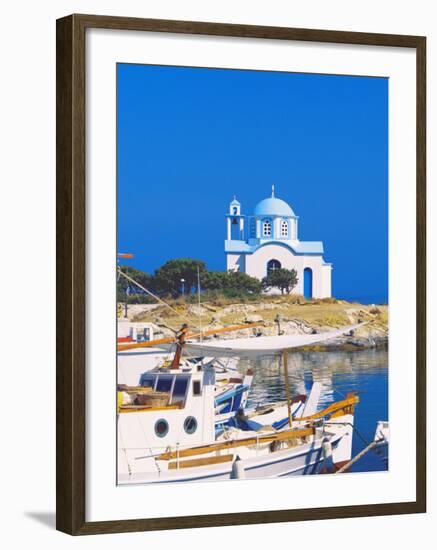 Fishing Boats with a Chapel in Background, Chios Island, Greek Islands, Greece, Europe-Sakis Papadopoulos-Framed Photographic Print