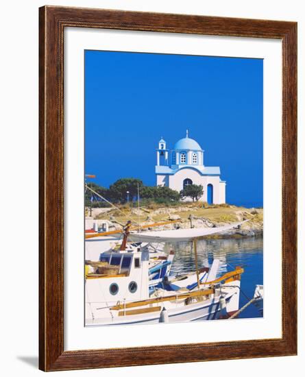 Fishing Boats with a Chapel in Background, Chios Island, Greek Islands, Greece, Europe-Sakis Papadopoulos-Framed Photographic Print