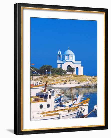 Fishing Boats with a Chapel in Background, Chios Island, Greek Islands, Greece, Europe-Sakis Papadopoulos-Framed Photographic Print