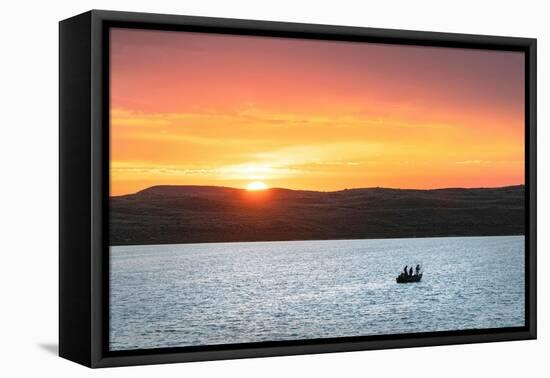 Fishing from boat on Soda Lake at sunset, Wyoming-Alan Majchrowicz-Framed Premier Image Canvas