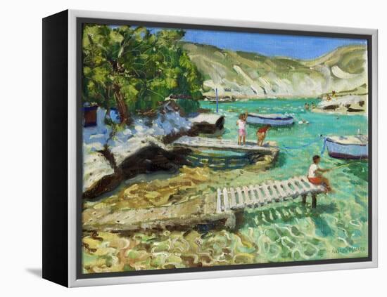 Fishing from the jetty, Milos ,Greece-Andrew Macara-Framed Premier Image Canvas