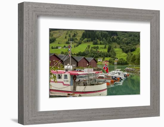 Fishing Harbor. Norwegian Flag. Olden, Norway-Tom Norring-Framed Photographic Print