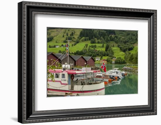 Fishing Harbor. Norwegian Flag. Olden, Norway-Tom Norring-Framed Photographic Print