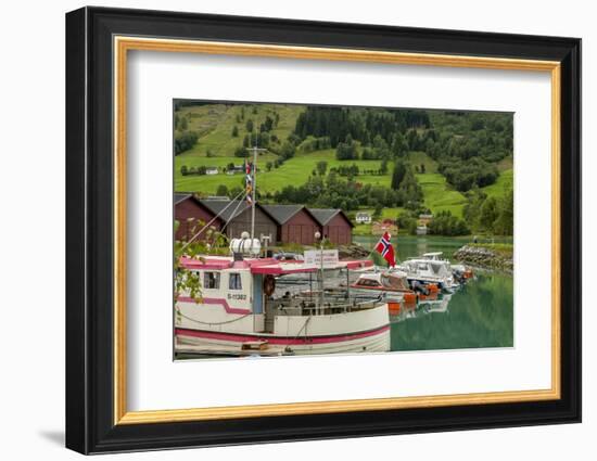 Fishing Harbor. Norwegian Flag. Olden, Norway-Tom Norring-Framed Photographic Print