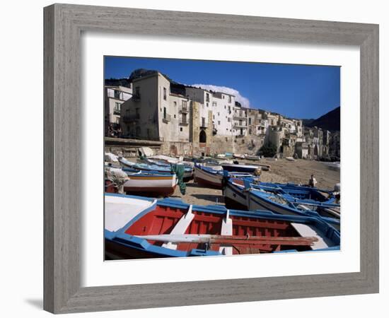 Fishing Harbour and Porta Pescara Beyond, Cefalu, Island of Sicily, Italy, Mediterranean-Julian Pottage-Framed Photographic Print