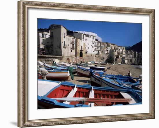 Fishing Harbour and Porta Pescara Beyond, Cefalu, Island of Sicily, Italy, Mediterranean-Julian Pottage-Framed Photographic Print