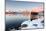 Fishing Hut on Stilts on a Pier, Winter Landscape in a Fjord in Front of Snowy Mountains-P. Kaczynski-Mounted Photographic Print