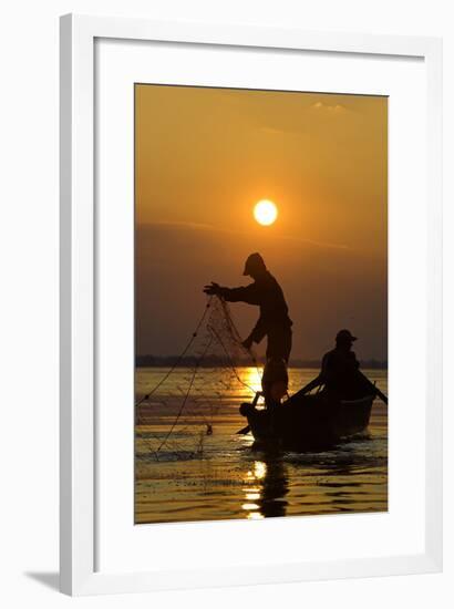 Fishing in the Danube Delta, Casting Nets During Sunset on a Lake, Romania-Martin Zwick-Framed Photographic Print