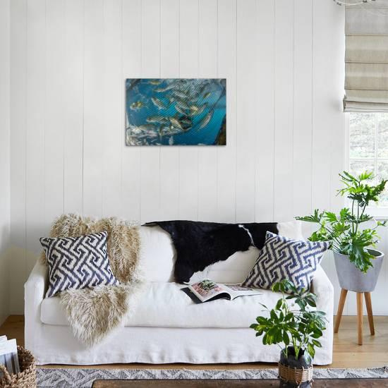 Fishing Net With Silvery And Golden Fish Inside Photographic Print