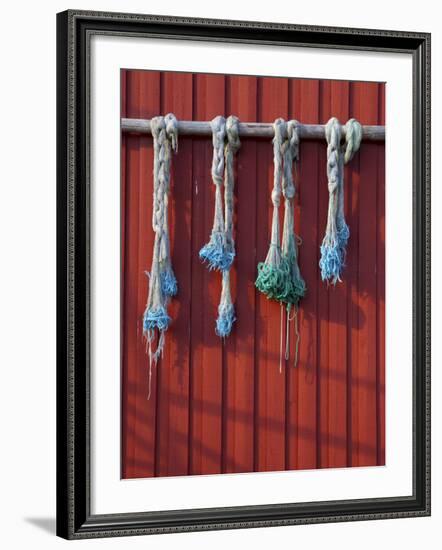 Fishing Nets Hanging from Rorbuer Exterior, Storvagen, Austvagsoya, Lofoten, Nordland, Norway-Doug Pearson-Framed Photographic Print