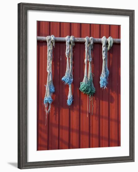 Fishing Nets Hanging from Rorbuer Exterior, Storvagen, Austvagsoya, Lofoten, Nordland, Norway-Doug Pearson-Framed Photographic Print