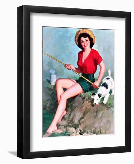 Fishing Pin-Up and Dog c1940s-Walt Otto-Framed Art Print
