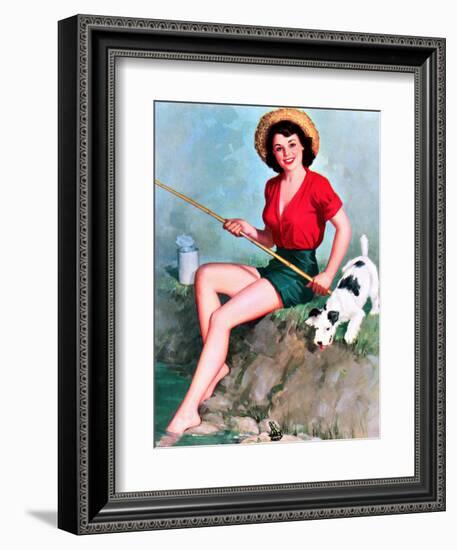 Fishing Pin-Up and Dog c1940s-Walt Otto-Framed Art Print