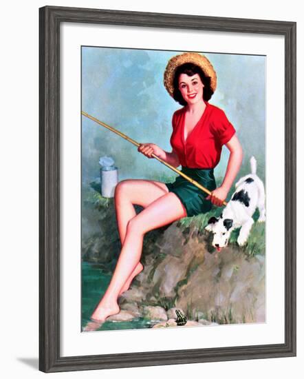 Fishing Pin-Up and Dog c1940s-Walt Otto-Framed Art Print