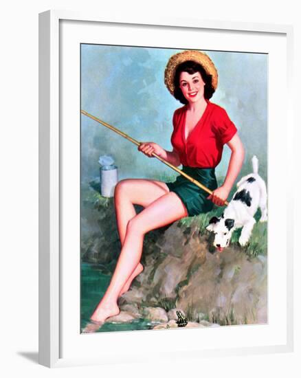 Fishing Pin-Up and Dog c1940s-Walt Otto-Framed Art Print