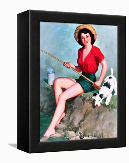 Fishing Pin-Up and Dog c1940s-Walt Otto-Framed Stretched Canvas