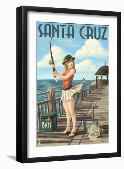 Fishing Pinup Girl - Santa Cruz, California-Lantern Press-Framed Art Print