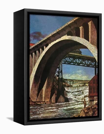 "Fishing Under Bridge," June 12, 1948-John Atherton-Framed Premier Image Canvas