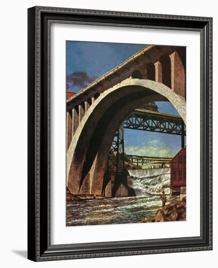 "Fishing Under Bridge," June 12, 1948-John Atherton-Framed Giclee Print