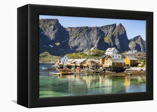 Fishing village on Reinefjorden, Saknesoya, Lofoten Islands-Tony Waltham-Framed Premier Image Canvas