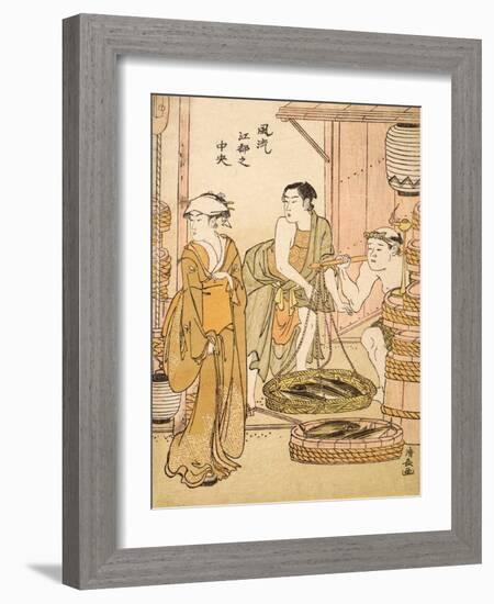 Fishmonger, Pub.C1780 (Colour Woodblock Print)-Torii Kiyonaga-Framed Giclee Print