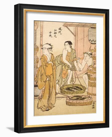 Fishmonger, Pub.C1780 (Colour Woodblock Print)-Torii Kiyonaga-Framed Giclee Print