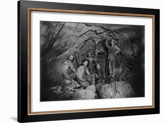 Five Miners in Last Chance Company Lead Mine, in the Coeur D'Alene Region of Idaho, Ca, 1910-null-Framed Photo