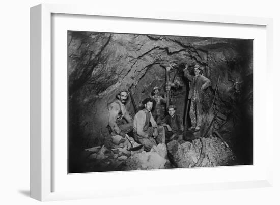 Five Miners in Last Chance Company Lead Mine, in the Coeur D'Alene Region of Idaho, Ca, 1910-null-Framed Photo