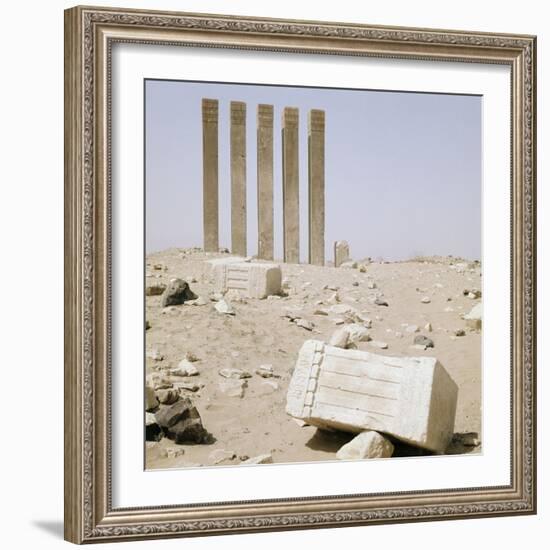 Five pillars still standing on the site of the Baran Temple near the ancient city of Marib-Werner Forman-Framed Giclee Print