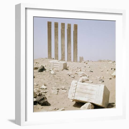 Five pillars still standing on the site of the Baran Temple near the ancient city of Marib-Werner Forman-Framed Giclee Print