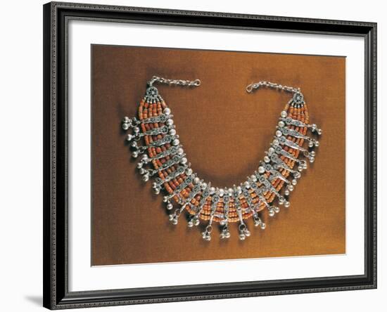 Five-Strand Coral Beaded Necklace with Silver Filigreed Elements, Yemen-null-Framed Giclee Print