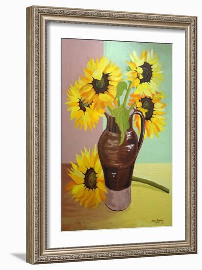 Five Sunflowers in a Tall Brown Jug-Joan Thewsey-Framed Giclee Print