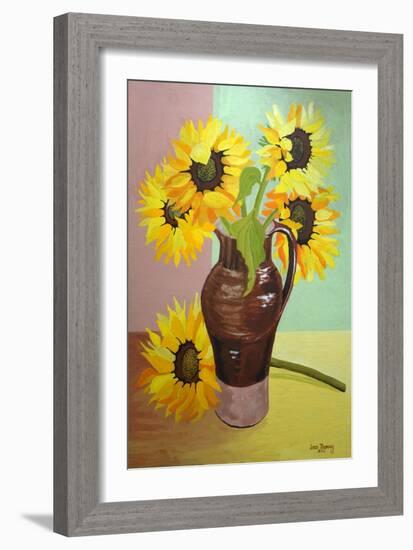 Five Sunflowers in a Tall Brown Jug-Joan Thewsey-Framed Giclee Print