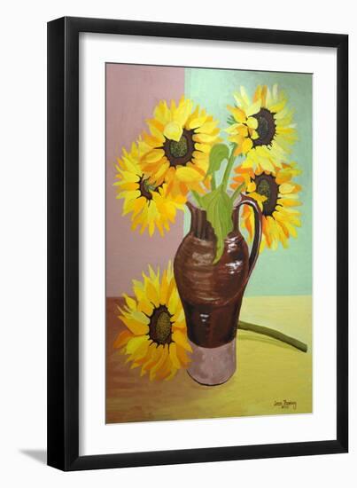 Five Sunflowers in a Tall Brown Jug-Joan Thewsey-Framed Giclee Print