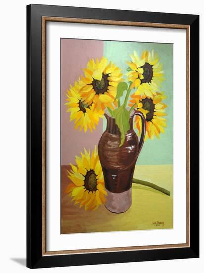 Five Sunflowers in a Tall Brown Jug-Joan Thewsey-Framed Giclee Print