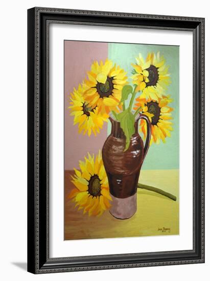 Five Sunflowers in a Tall Brown Jug-Joan Thewsey-Framed Giclee Print