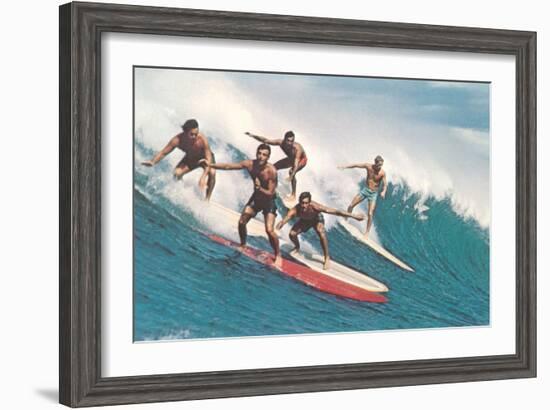 Five Surfers Catching Wave-null-Framed Art Print