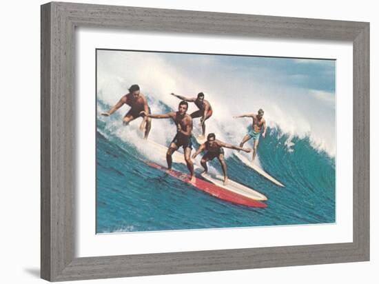 Five Surfers Catching Wave-null-Framed Art Print