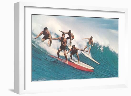 Five Surfers Catching Wave-null-Framed Art Print