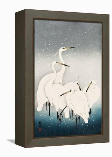 Five White Herons Standing in Water; Snow Falling-Koson Ohara-Framed Premier Image Canvas