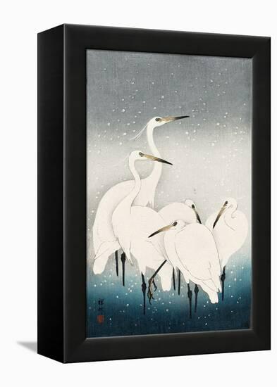 Five White Herons Standing in Water; Snow Falling-Koson Ohara-Framed Premier Image Canvas