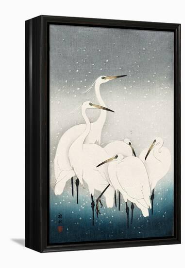 Five White Herons Standing in Water; Snow Falling-Koson Ohara-Framed Premier Image Canvas