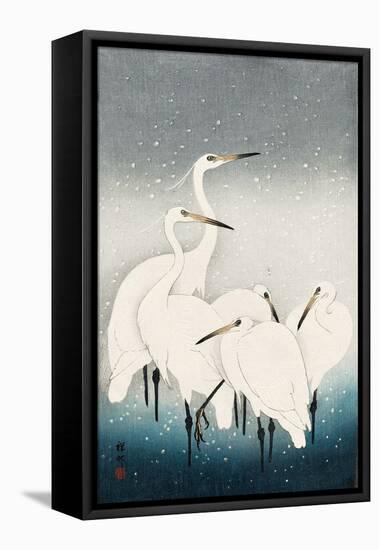 Five White Herons Standing in Water; Snow Falling-Koson Ohara-Framed Premier Image Canvas